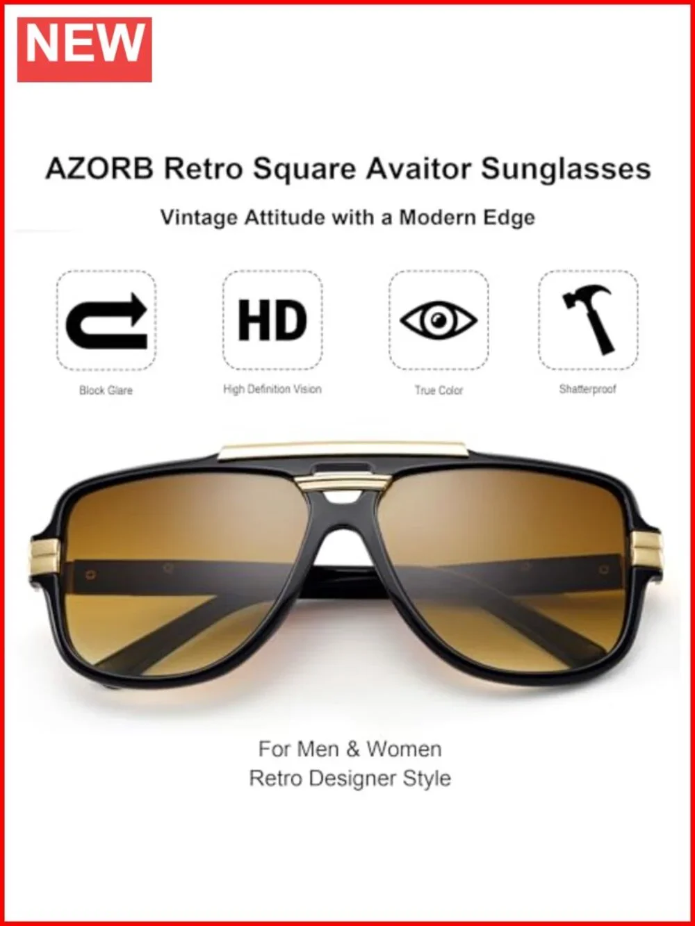 Oversized Aviator Sunglasses Square Frame Gold Metal Details Non-Polarized